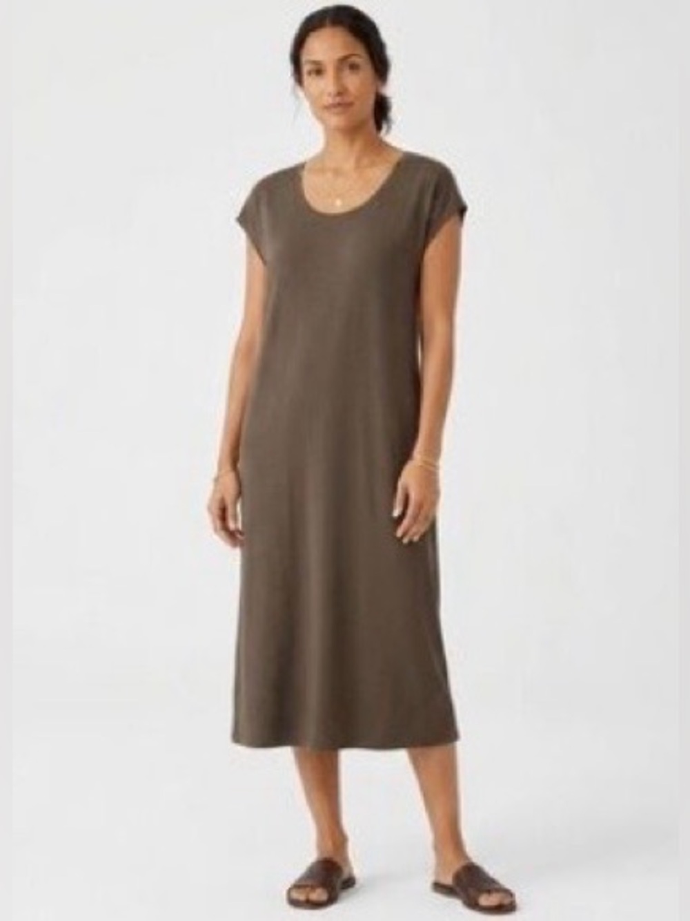 Eileen Fisher Organic Cotton Stretch Midi T-Shirt Dress Ballet Neck Size Medium